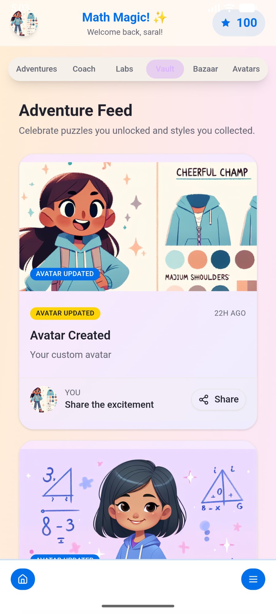 Adventure Feed showing achievements and avatar updates