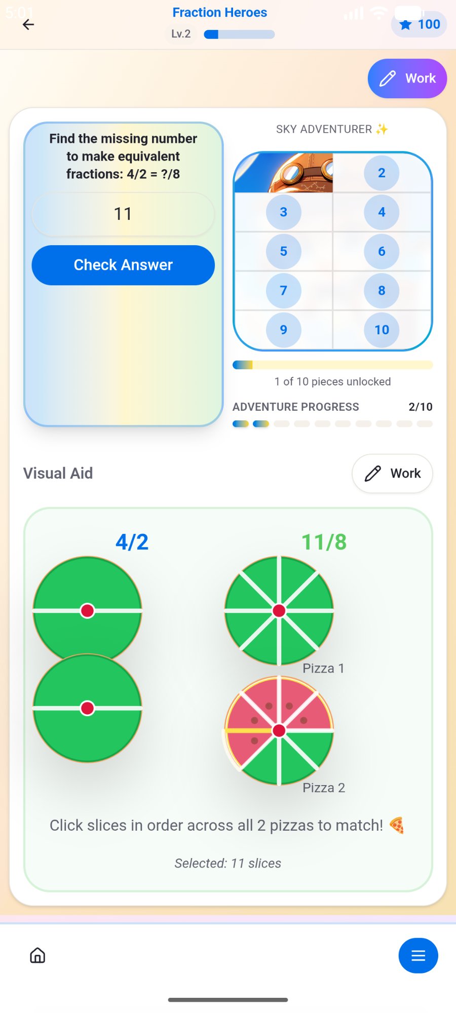 Fraction Heroes with pizza visual aids