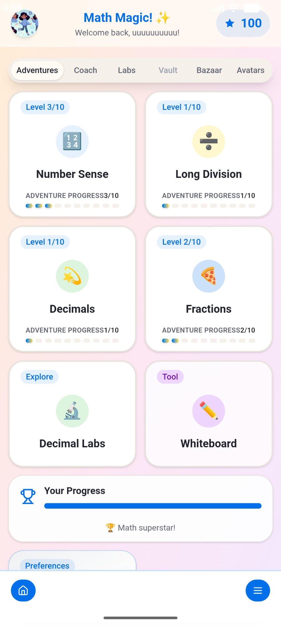 Math Magic app main screen showing Number Sense, Long Division, Decimals, and Fractions modules