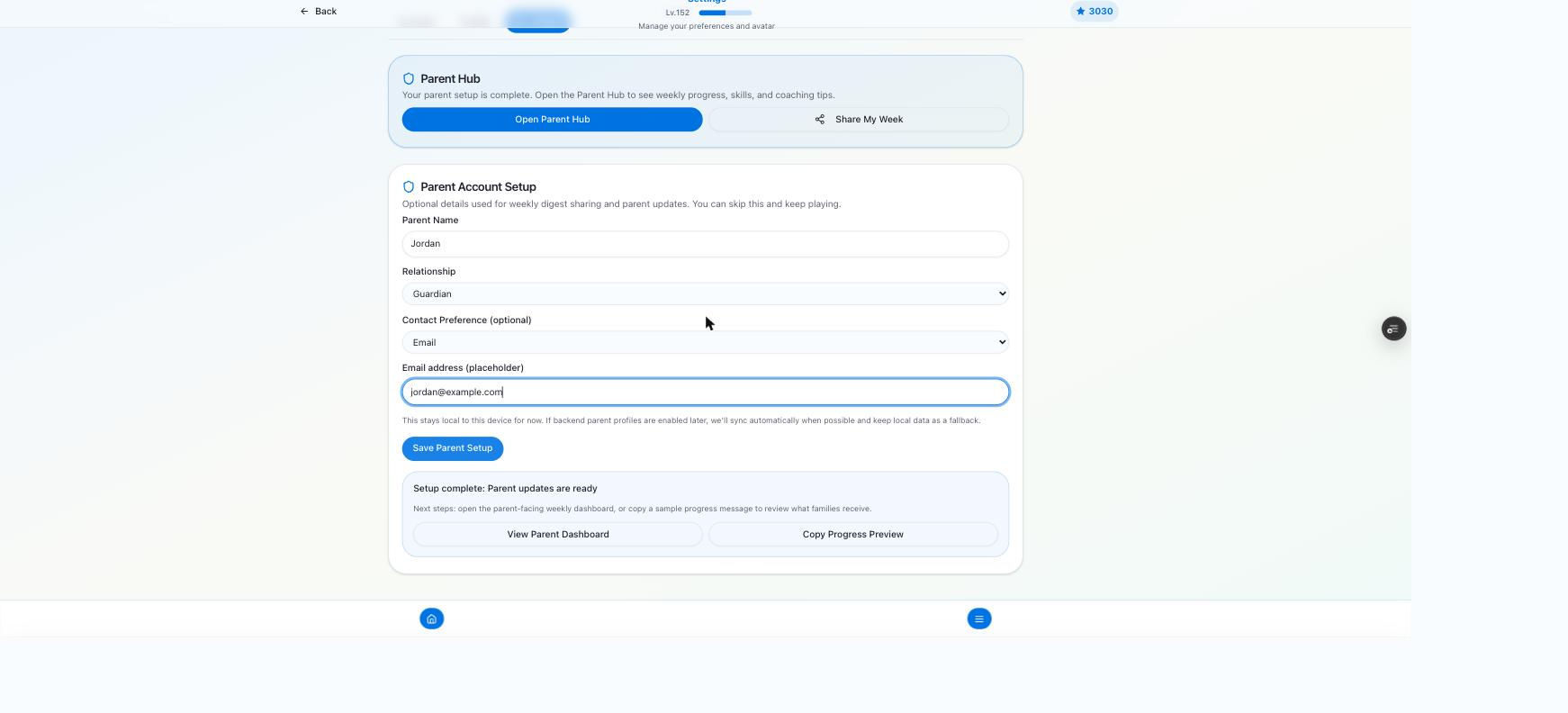 Parent Account Setup screen with name, relationship, and email — setup complete confirmation
